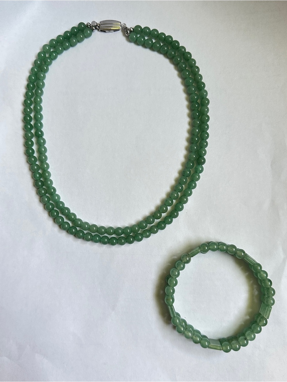 Vintage Green Quartz 6mm Bead Jewelry Set Double Strand Necklace & Bracelet